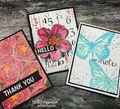 three cards with flowers and butterflies on them, one has the words hello to you