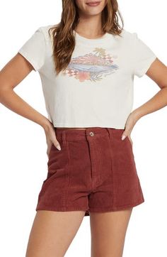 A sunfaded graphic transports you to the balmy beaches of the tropics in this slightly cropped cotton T-shirt. 17" length (size Medium) Crewneck Short sleeves 100% cotton Machine wash, tumble dry Imported Casual Crew Neck Crop Top For Beach Season, Casual Short Sleeve Crop Top For Beach Season, Cotton Crew Neck Crop Top For Vacation, Casual Crew Neck Crop Top For Vacation, Beach Season Cotton Short Sleeve Crop Top, Casual Graphic Print Crop Top For Beach Season, Cotton Short Sleeve Crop Top For Beach Season, Casual Cropped T-shirt With Front Print For Summer, Billabong Surf