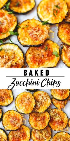 baked zucchini chips on a baking sheet with the words baked zucchini chips