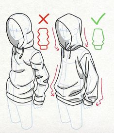 the drawing shows how to draw a hoodie with different colors and sizes, including one in