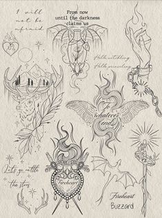 an old fashioned tattoo design on paper with some writing and ink art work in the background