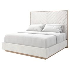 a bed with white linens and pillows on top of it, in front of a white background