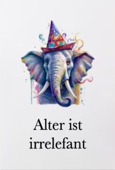 an elephant wearing a party hat with the words after ist irrelefant on it