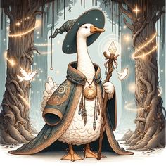 a goose dressed as a wizard holding a wand