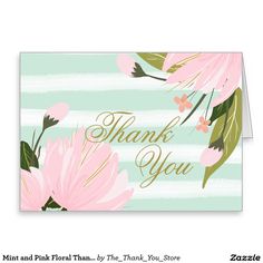 a thank card with pink flowers and green leaves