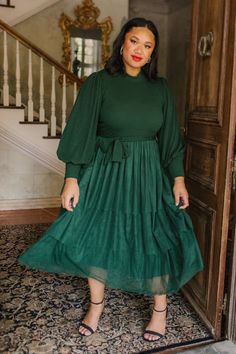 Cosette Dress in Green - FINAL SALE – Ivy City Co Tool Skirt, Heavy Dresses, Forest Green Color, Plus Size Models, Sweater Material, Ribbed Knit Sweater, Balloon Sleeves, Tulle Dress, Stunning Dresses