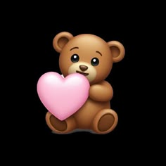 a brown teddy bear holding a pink heart on a black background with space for text