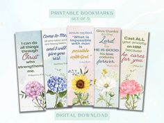 four printable bookmarks with flowers and bible verses on them, set of 8