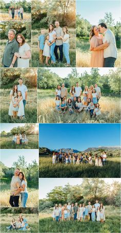 a large group of people are posing for pictures in the grass with trees and bushes behind them