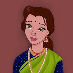 a painting of a woman in green and blue sari with pearls on her nose