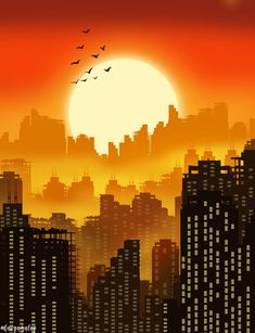 the sun is setting over a city with birds flying in front of buildings and skyscrapers