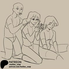 a drawing of three people sitting on the ground and one is brushing their teeth with another person standing nearby