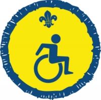 a blue and yellow sticker with a man in a wheelchair