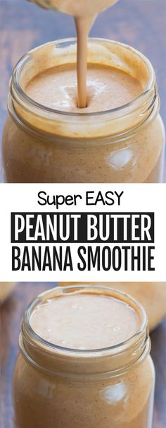 peanut butter banana smoothie in a mason jar with a spoon sticking out of it