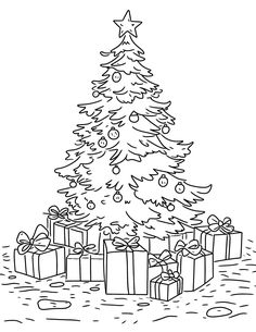 a christmas tree with presents under it in the snow coloring pages for kids and adults