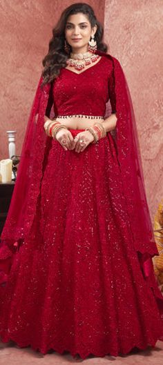 Red and Maroon color Lehenga in Net fabric with Zircon work Red Wedding Sets For Diwali, Red Semi-stitched Gown For Diwali, Red Gown For Reception Diwali Season, Red Gown For Reception Diwali Festival, Red Gown For Reception During Diwali, Red Gown For Reception And Diwali, Red Choli With Self Design For Reception, Red Semi-stitched Lehenga With Unstitched Blouse, Red Self-design Choli For Receptions