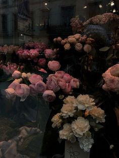 a bunch of flowers that are in a window