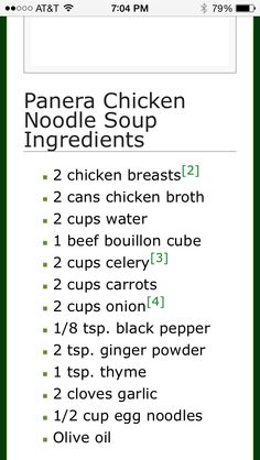 the panera chicken noodle soup ingredients list is shown in green and white colors