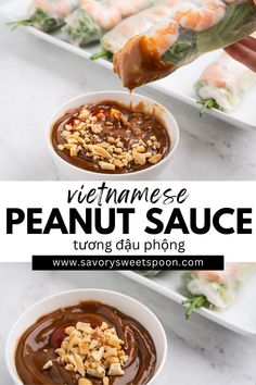 vietnamese peanut sauce in two white bowls with chopsticks and shrimp on the side