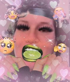 a woman holding a slice of cucumber in front of her face with emoticions surrounding her