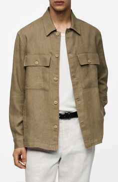 Part tailored shirt and part field jacket, this roomy button-up tailored from lightweight linen features a quartet of handy pockets and an internal drawcord to shape the waist. Front button closure Spread collar Long sleeves Chest button-flap patch pockets; front welt pockets Internal drawcord waist 100% linen Machine wash, line dry Imported Casual Linen Outerwear With Buttoned Pockets, Spring Linen Utility Jacket With Flap Pockets, Khaki Button-up Utility Jacket With Buttoned Pockets, Button-up Linen Utility Jacket With Pockets, Linen Button-up Utility Jacket With Pockets, Linen Outerwear With Lapel Collar And Flap Pockets, Linen Outerwear With Flap Pockets And Lapel Collar, Khaki Linen Single-breasted Outerwear, Khaki Button-up Utility Jacket For Work