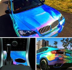 there are pictures of cars painted in different colors and shapes, including one with the hood up