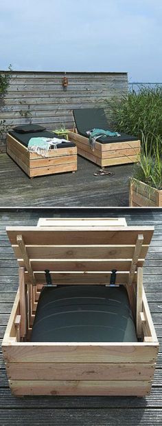 an open wooden box sitting on top of a wooden deck