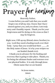 a prayer card with the words, prayer for heding in black and green leaves