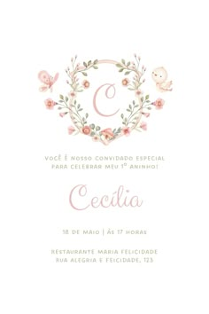 a wedding card with the letter c in floral wreaths and birds on white background