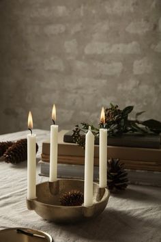 three lit candles in a bowl on a table with pine cones and other items around it