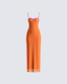 Brighten up their day with one look at you in this masterpiece 🤩 Made from stretch mesh fabric, featuring lace trim at the top edge, lightly padded bra cups with underwire, and an adjustable lace-up back and straps - this orange mesh maxi dress is the pop of color you need in your life 🧡 Bright Dress Aesthetic, Simple Orange Dress, Pink And Orange Fashion, Pink And Orange Dress Outfit, Tequila Sunrise Outfit, Orange Dress Aesthetic, Finesse Dress, Orange Dress Outfit, Orange Long Dress