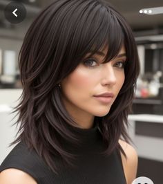 Medium Length Butterfly Haircut With Bangs, Jet Black Hair With Bangs, Kitty Cut Hair 2024 Medium, Salma Hayek Hair With Bangs, Shoulder Length Hair With Bangs, Angled Bob Haircuts, Medium Hair Styles For Women