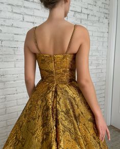 Autumn Leaves Gown | Teuta Matoshi Luxury Gold Gown For Prom Season, Luxury Gold Evening Dress With Fitted Bodice, Gold Brocade Dress For Gala, Luxury Gold Evening Dress For Prom, Gold Luxury Gown With Fitted Bodice, Elegant Gold Shimmer Evening Dress, Fitted Gold Gown For Prom Season, Gold Shimmer Dress For Wedding, Gold Gown With Fitted Bodice For Evening