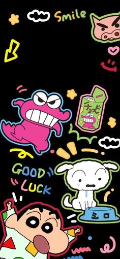 some stickers that are on the back of a cell phone, with an image of cartoon characters