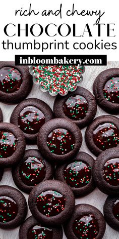 chocolate thumbprint cookies with sprinkles on top and text overlay that reads rich and chewy chocolate thumbprint cookies