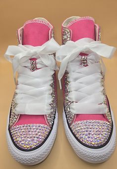 Custom Designed Brand New Hightop Classic Converse Sneakers Made To Order. Choose Your Color Sneakers, Rhinestones & Satin Shoe Laces. Pink High-top Sneakers With Rhinestones, Bedazzled Converse, Bling Sneakers, Bling Nike Shoes, Converse Design, Bedazzled Shoes, Classic Converse, Tie Sneakers, Satin Shoes