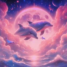 two dolphins are swimming in the ocean under a full moon with stars and clouds around them