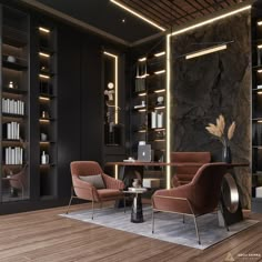 a living room filled with furniture and bookshelves next to a wall covered in shelves