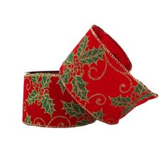 two red and green christmas ribbon with holly leaves on it, one is rolled up