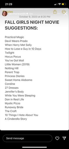 an iphone screen with the text'fall girls night movie suggestions'in white and black