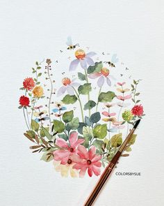 a watercolor painting of flowers and leaves