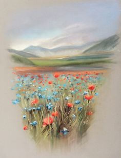 an oil painting of flowers in a field with mountains in the background