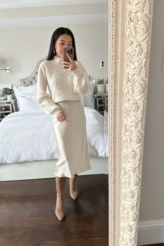 Sweater Silk Skirt Outfit, Silk Skirt Sweater, Slip Skirt Outfit Winter, Silk Skirt Outfit Winter, Silk Skirt And Sweater, Cream Skirt Outfit, Satin Skirt Outfit Winter, Satin Skirt Outfit Classy, Skirt Outfits With Boots