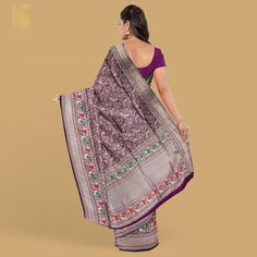 Pompadour Purple Handloom Katan Silk Banarasi Shikargah Saree - Khinkhwab Silk Banarasi Saree, Saree Banarasi, Banarasi Silk Saree, Background Fabric, Katan Silk, Banarasi Saree, Pompadour, Banarasi Sarees, Silk Thread