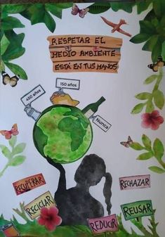 a drawing of a person holding a green globe with words written on it and butterflies flying around