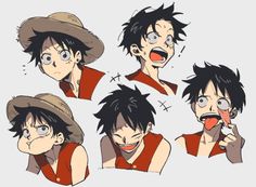 four different poses of an anime character wearing hats and holding something in one hand with his mouth