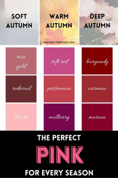 Are you ready to find the perfect shade of pink for every color season? In this comprehensive guide, we delve into the best pinks for Spring, Summer, Autumn, and Winter, helping you enhance your natural beauty and personal style. Discover the psychology behind pink, learn how to incorporate it into your work wardrobe, and explore expert tips for mixing and matching. Keywords: perfect pink, color season, personal style, work wardrobe, fashion tips, pink shades, seasonal colors. Radiantly Dressed, Autumn Palette