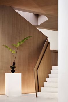 a plant in a vase sitting on top of a white pedestal next to a stair case