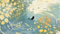 a black cat swimming in a pond with yellow flowers on the water and butterflies flying around