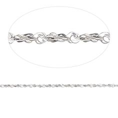 a silver chain is shown on a white background with an oval shaped border in the middle